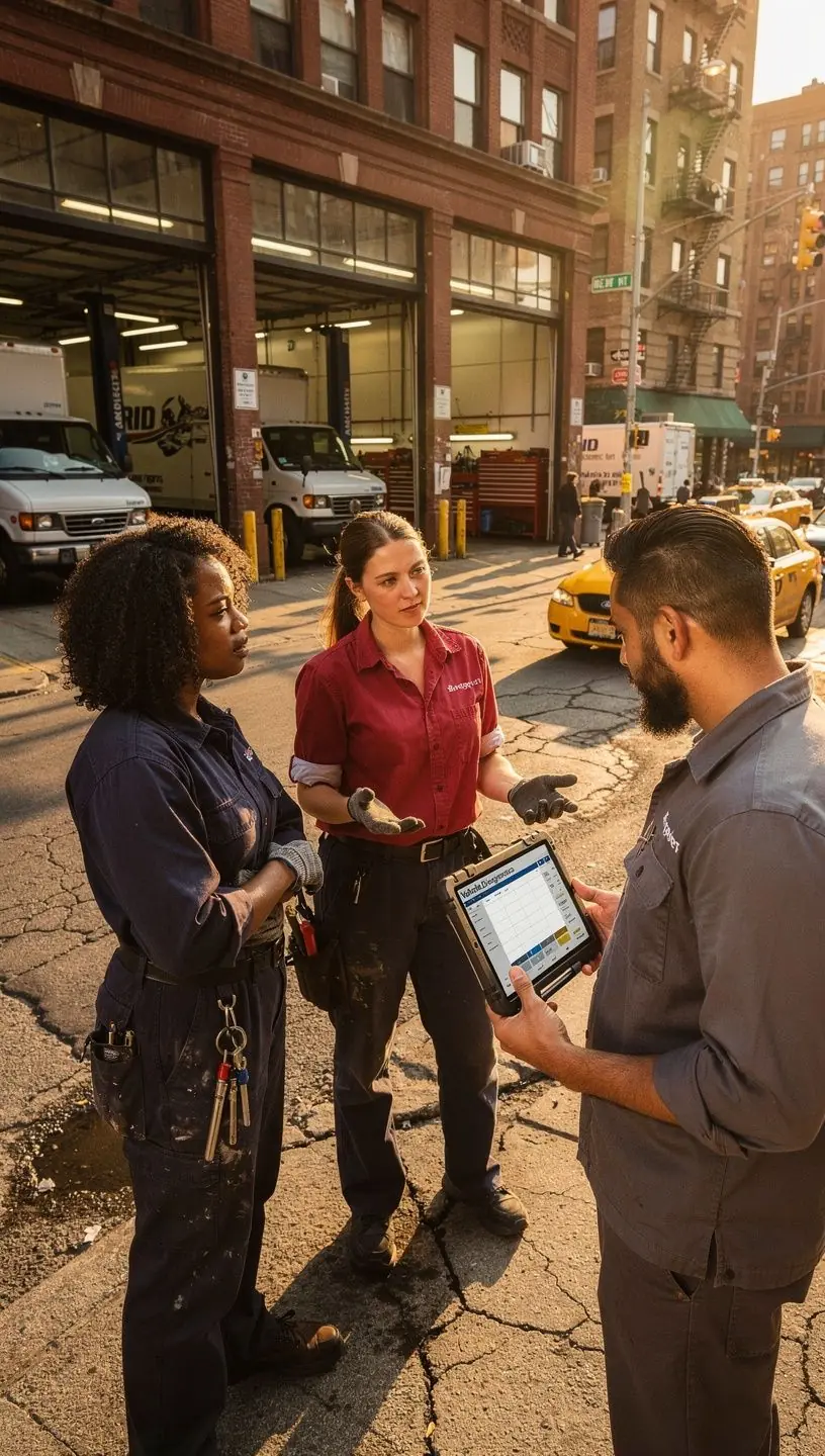 Fleet maintenance manager reviewing service schedules and vehicle logs on a tablet device.