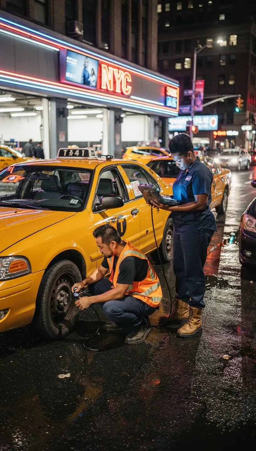 Mechanic using diagnostic equipment to assess engine performance on a delivery truck in New York.