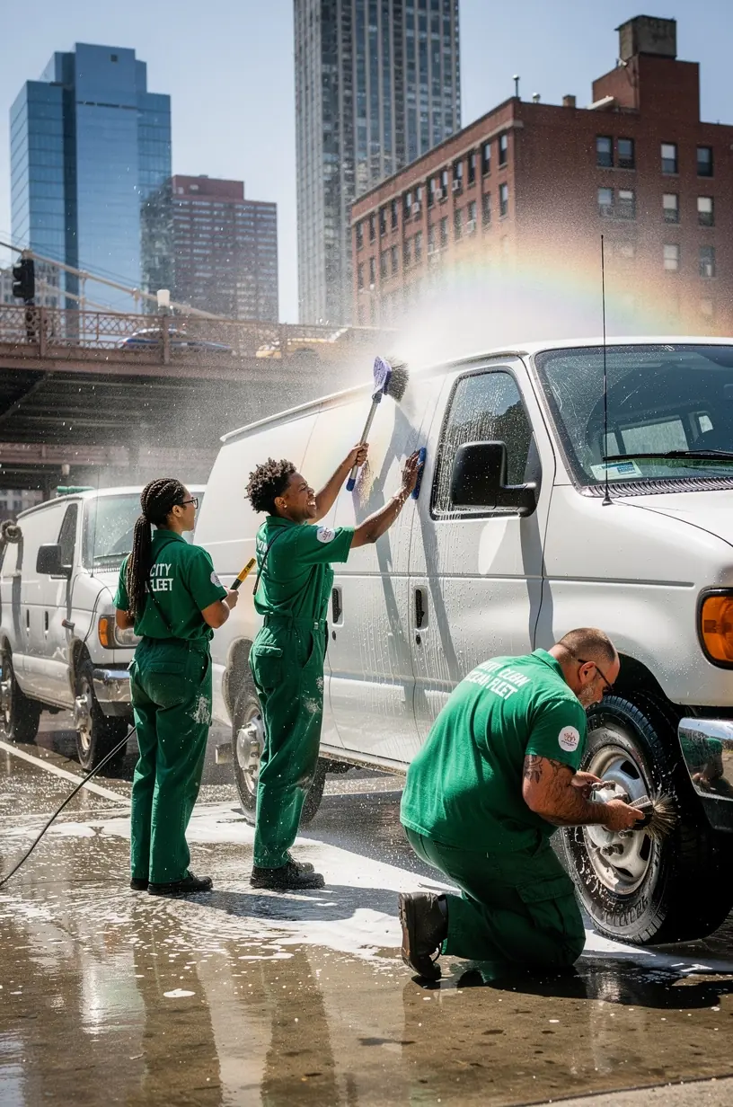 Team of service technicians collaborating to optimize maintenance workflows for a city taxi fleet.